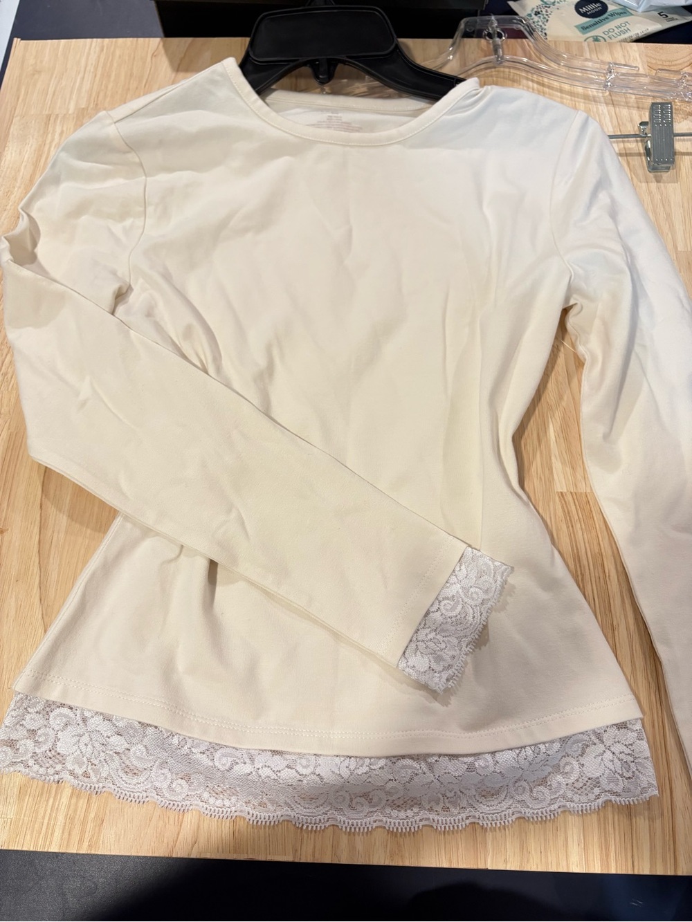 Sincerly Jules Cream Long Sleeve Top with Lace Hem